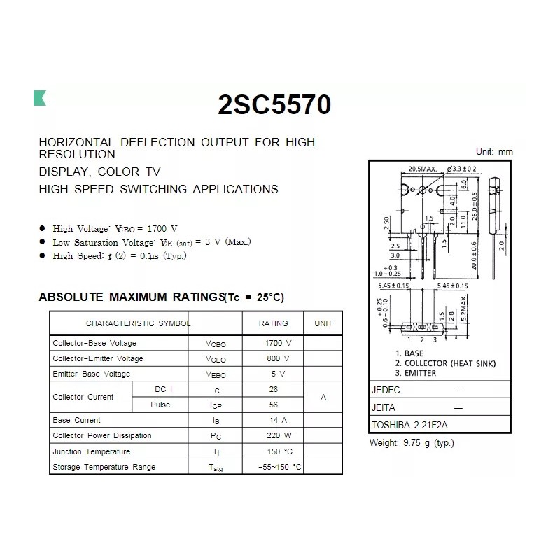 Transistor De Potencia Bipolar Toshiba 2SC5570 NPN 28A 800V TO 3P