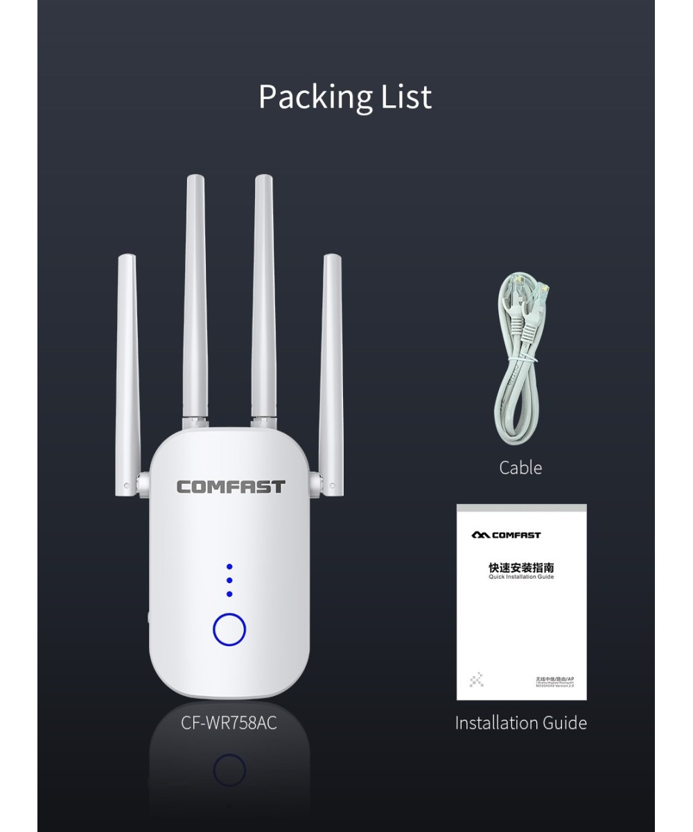 Amplificador y repetidor wifi dualband Comfast 2.4 / 5.8GHZ 1200mbps CF-WR758AC