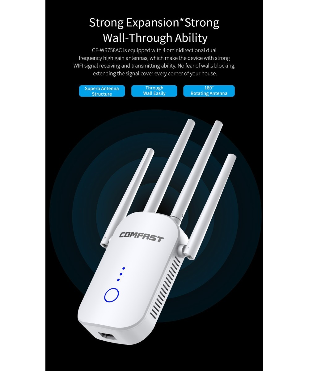 Amplificador y repetidor wifi dualband Comfast 2.4 / 5.8GHZ 1200mbps CF-WR758AC