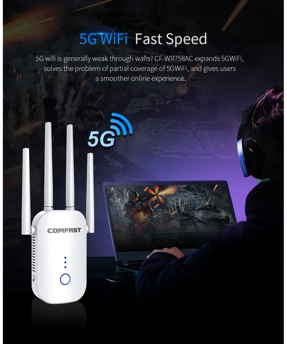 Amplificador y repetidor wifi dualband Comfast 2.4 / 5.8GHZ 1200mbps CF-WR758AC