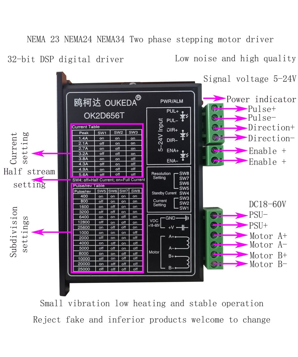 Controlador de Motor DC Paso a Paso Nema 23/34 OK2D656T 20-70V 2 Fases