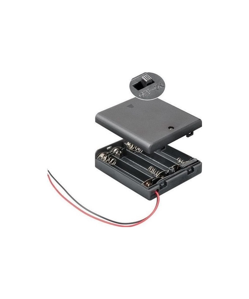 Contenedor de 4 baterias AA cerrado con interruptor ON/OFF color negro