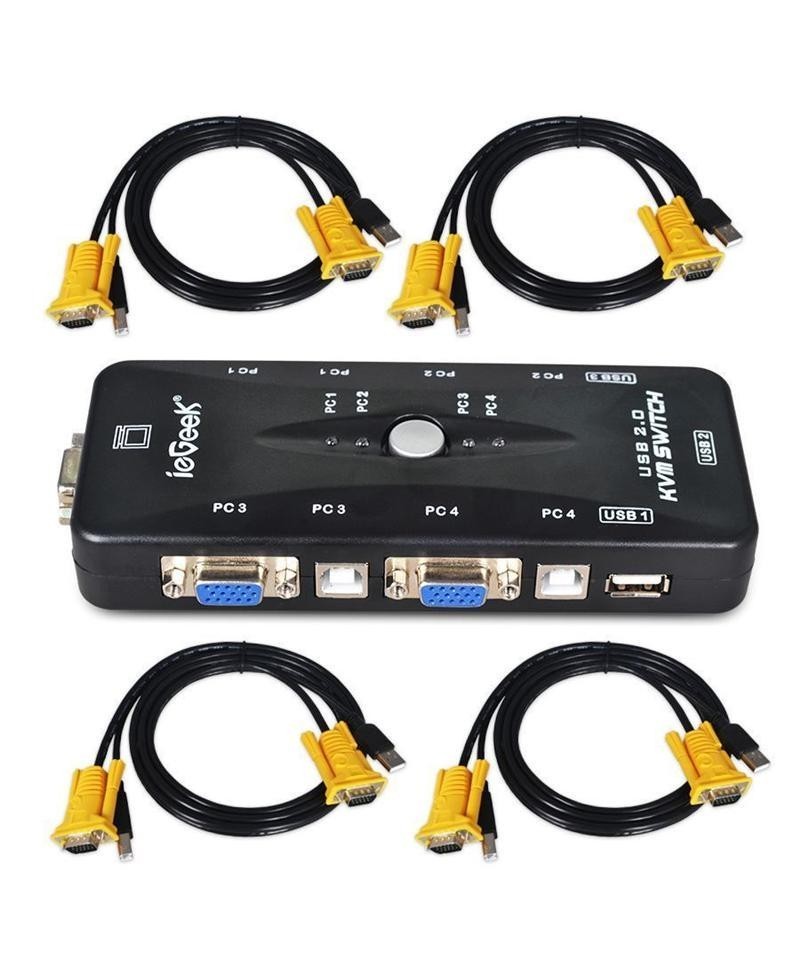 Conmutador de Teclado/Video/Mouse 4 puertos KVM Switch con Cables