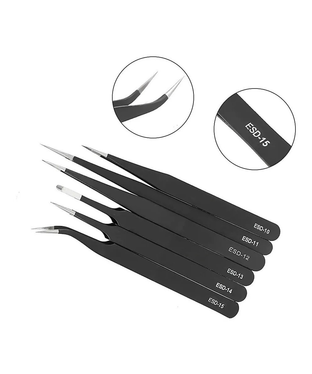 Set de pinzas antiestáticas de acero inoxidable 6 piezas