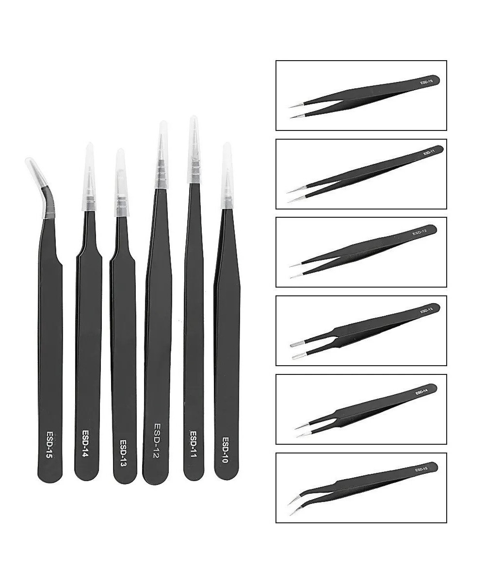 Set de pinzas antiestáticas de acero inoxidable 6 piezas