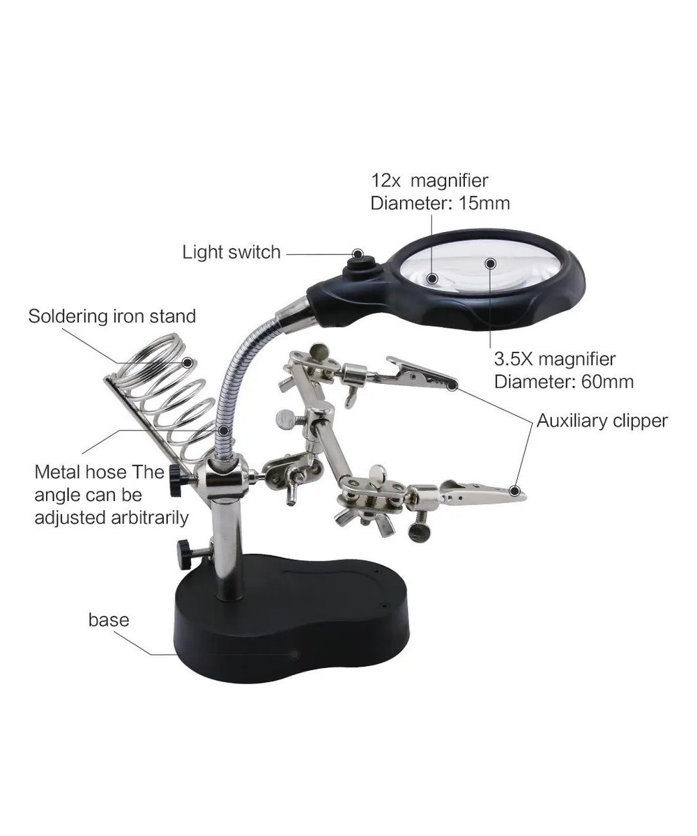 Lupa con Pinzas Sujetadoras y Luz LED TE-801