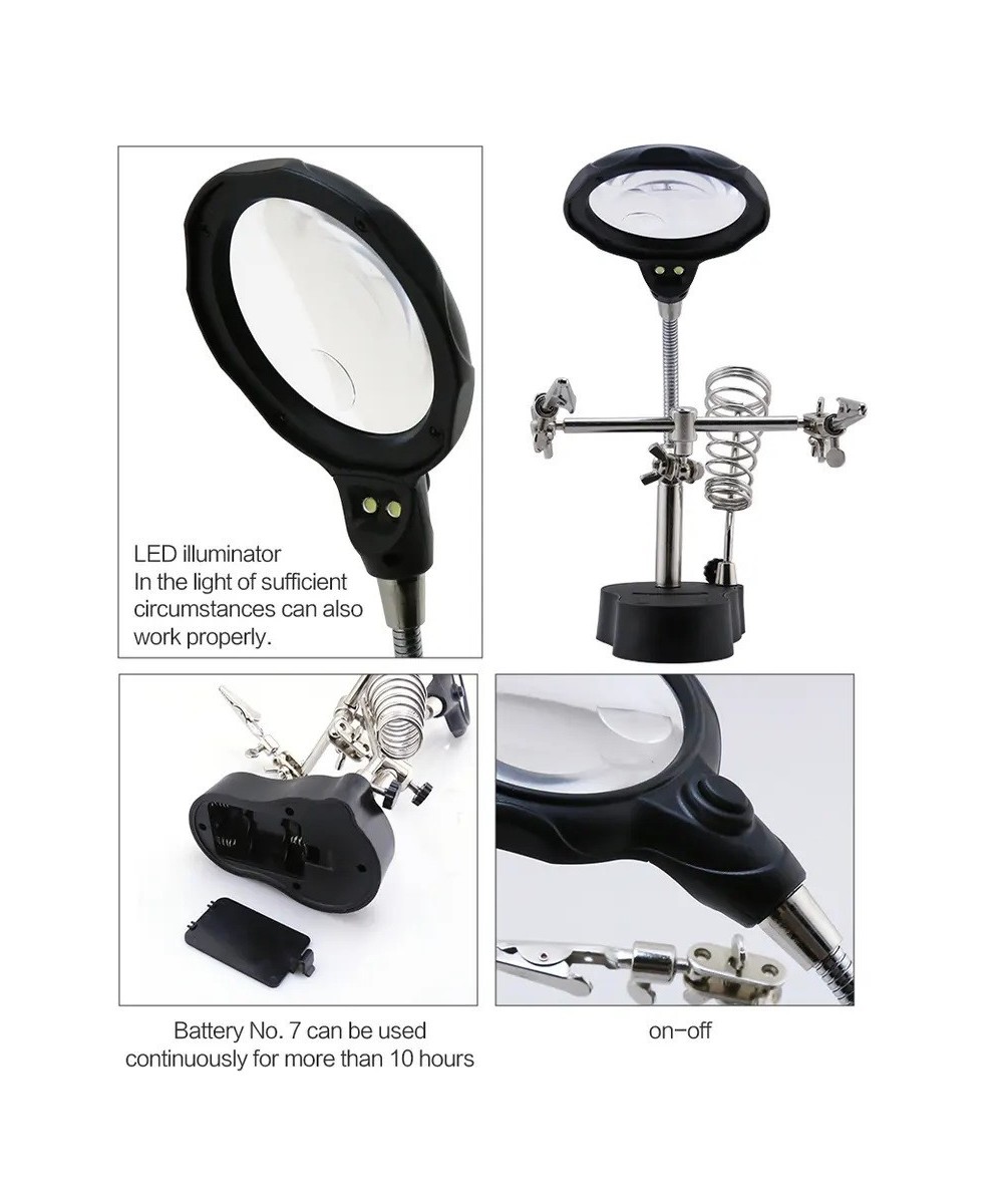 Lupa con Pinzas Sujetadoras y Luz LED TE-801