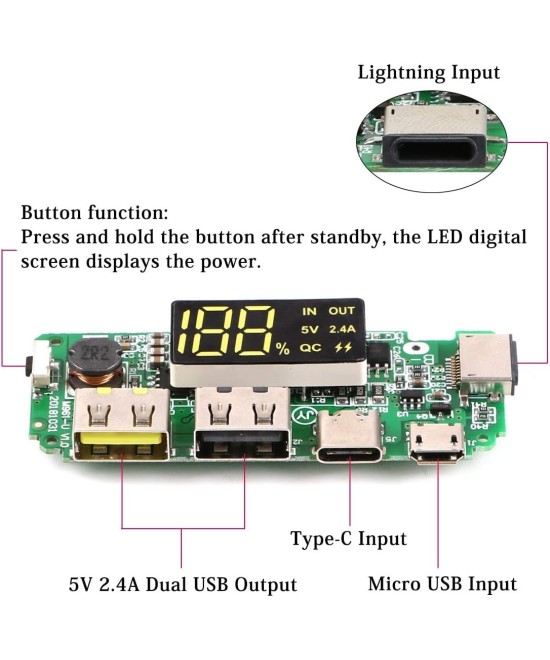 Modulo de Carga para Baterias de Litio 18650 5V 2.4A Input USB-C/Lightning/Micro USB BMS