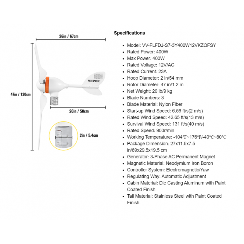 Generador De Viento 400w 12v Aerogenerador Vevor 4945