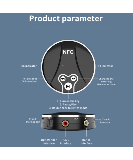 Transmisor y Receptor Bluetooth 2 en 1 NFC 5.0 RCA/3.5mm/optico