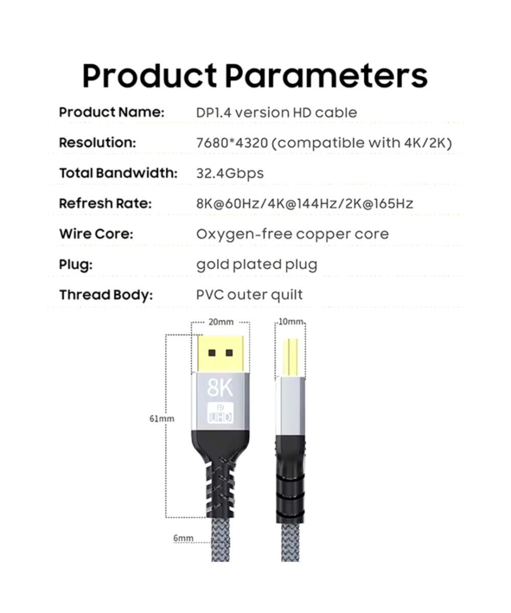 Cable Display port a Display port DP1.4 8K 60hz 1.5 metros