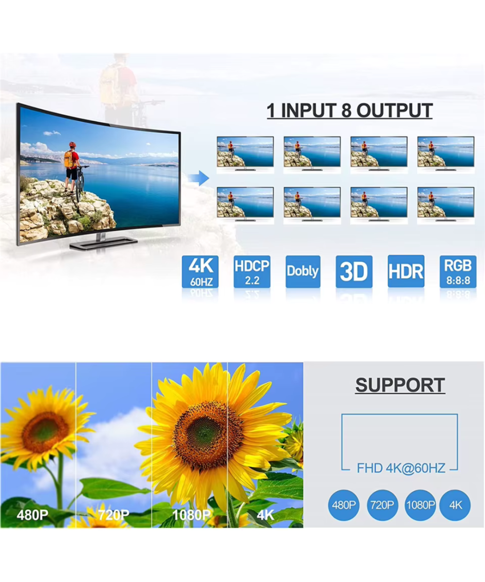 Separador de video HDMI 1 Entrada a 8 Salidas 4K