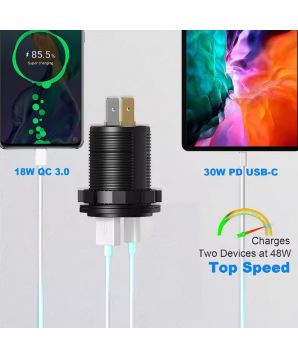 Adaptador de carga para vehiculo USB 3.0 USB-C QC3.0 PD 12-24V 60W (cigarrera)