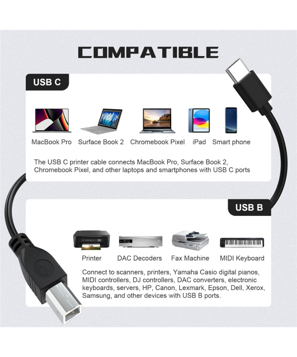 Cable de impresora USB-C a USB-B con interfaz MIDI 2M