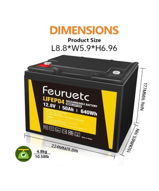 Batería de ciclo profundo LiFePO4 de 12V 50Ah recargable FEURUETC