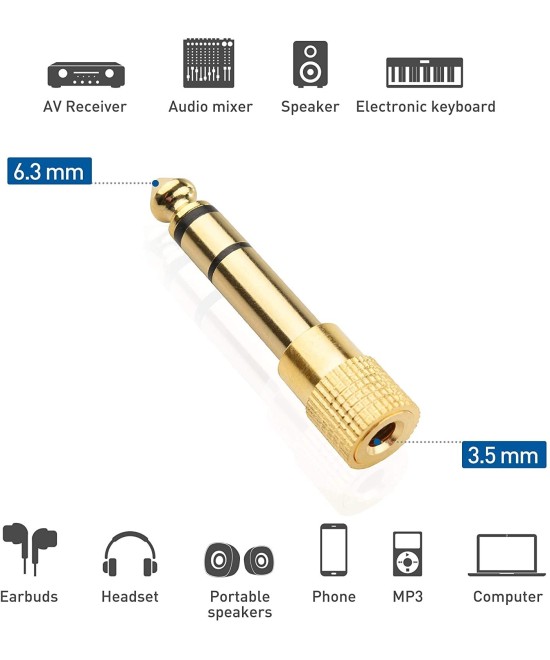 Adaptador de audio salida macho 1/4" (6.35mm)  y entrada hembra de 3.5mm mono/stereo