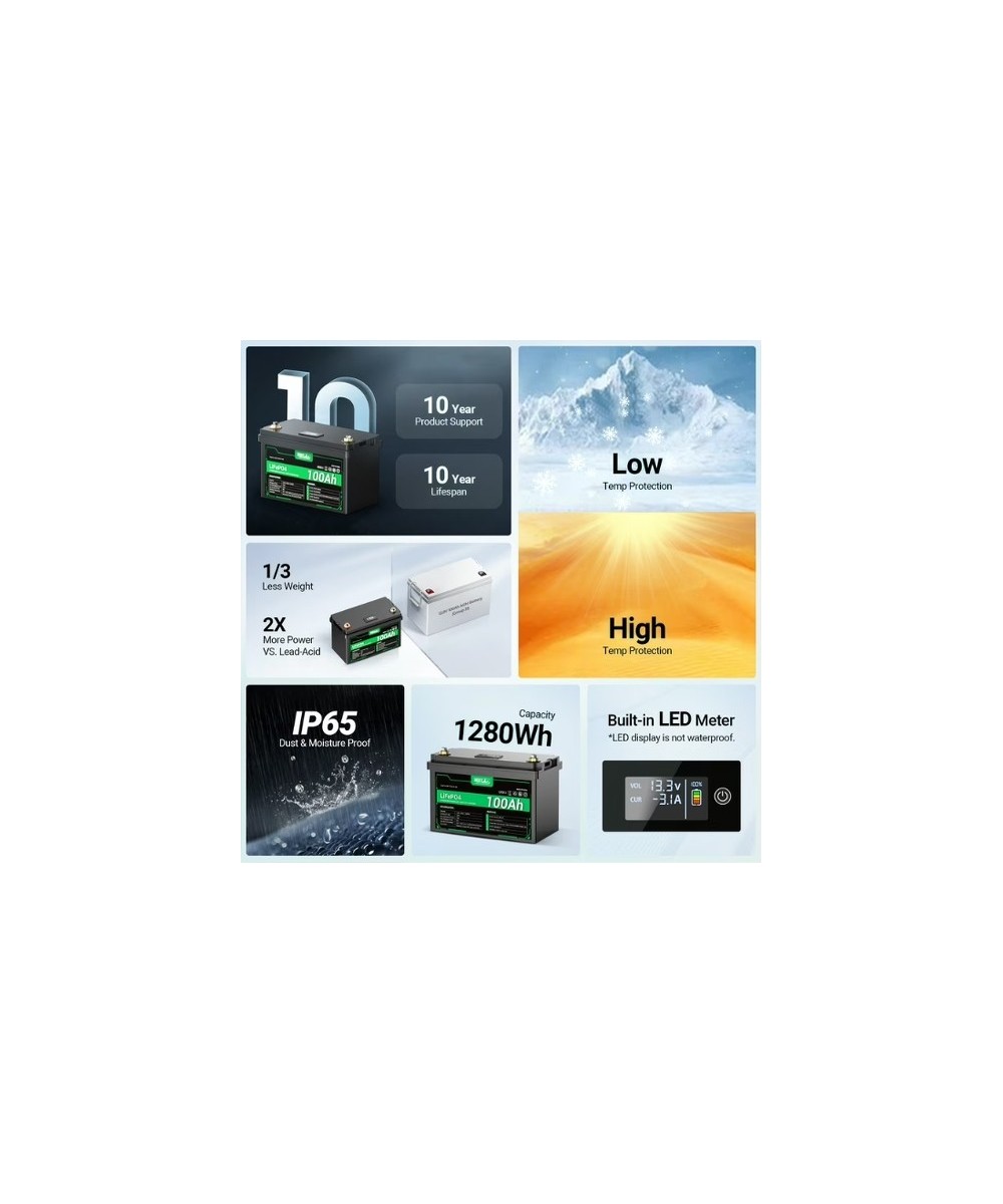 Bateria de ciclo profundo LiFePO4 de 12V 100Ah recargable con Medidor led HQST