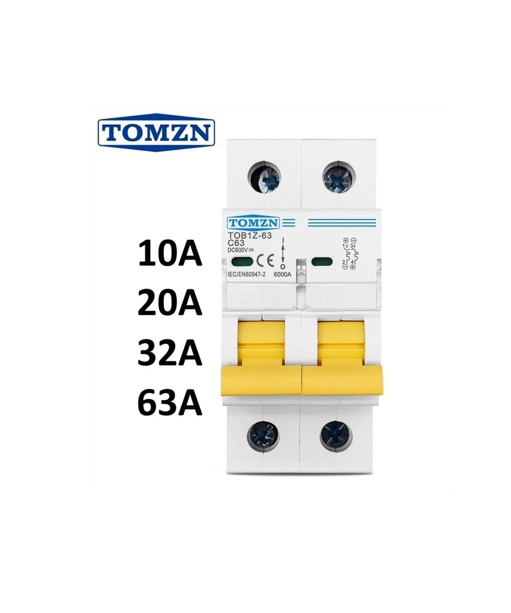 Breaker DC 2 polos MCB TOMZN Curva C Corriente Continua 600V 10-63A