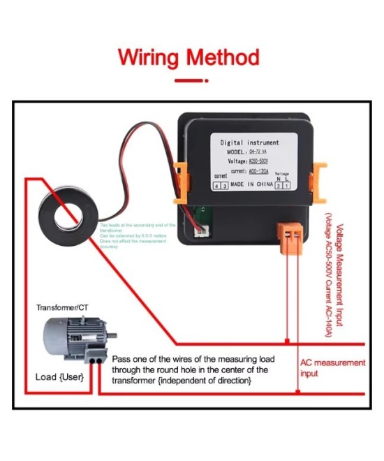 Medidor digital de corriente alterna, voltaje y frecuencia con pantalla LED triple y sensor CA 50-500V, CA 0-120A, 10-99.9Hz.