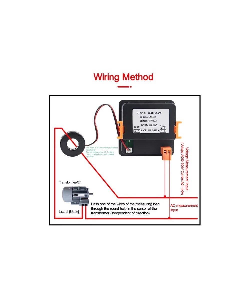 Medidor digital de corriente alterna, voltaje y frecuencia con pantalla LED triple y sensor CA 50-500V, CA 0-120A, 10-99.9Hz.