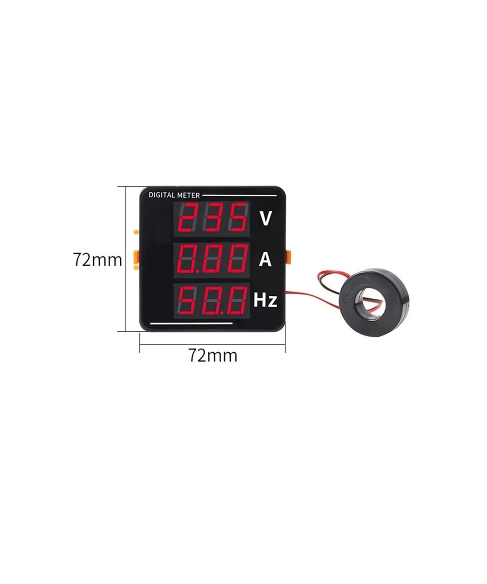 Medidor digital de corriente alterna, voltaje y frecuencia con pantalla LED triple y sensor CA 50-500V, CA 0-120A, 10-99.9Hz.