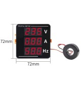 Medidor digital de corriente alterna, voltaje y frecuencia con pantalla LED triple y sensor CA 50-500V, CA 0-120A, 10-99.9Hz.