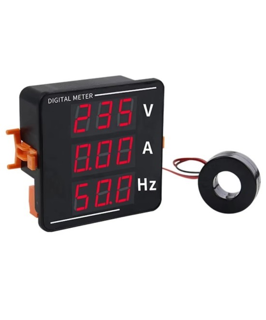 Medidor digital de corriente alterna, voltaje y frecuencia con pantalla LED triple y sensor CA 50-500V, CA 0-120A, 10-99.9Hz.