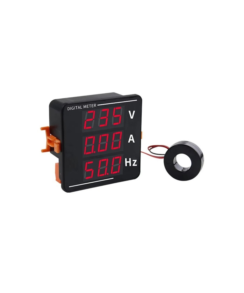 Medidor digital de corriente alterna, voltaje y frecuencia con pantalla LED triple y sensor CA 50-500V, CA 0-120A, 10-99.9Hz.
