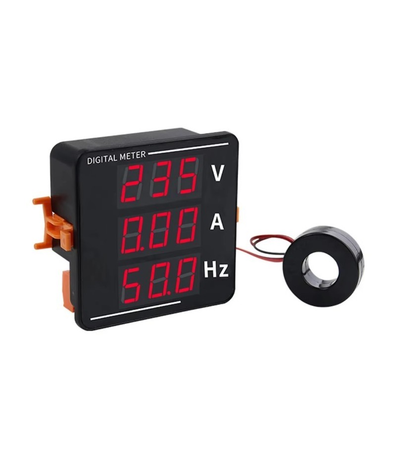 Medidor digital de corriente alterna, voltaje y frecuencia con pantalla LED triple y sensor CA 50-500V, CA 0-120A, 10-99.9Hz.