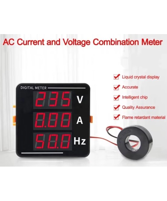 Medidor digital de corriente alterna, voltaje y frecuencia con pantalla LED triple y sensor CA 50-500V, CA 0-120A, 10-99.9Hz.