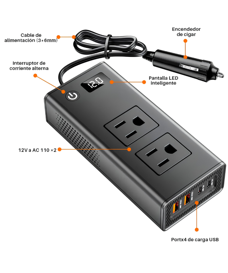 Inversor de corriente para automóvil de 200 W 12 V a 110 V, carga rápida PD 30 W, protección contra sobre carga