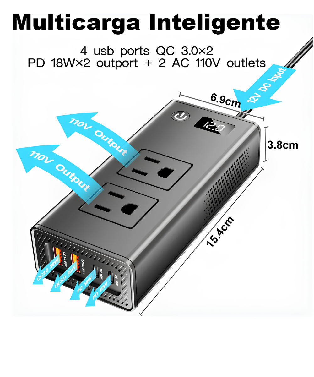 Inversor de corriente para automóvil de 200 W 12 V a 110 V, carga rápida PD 30 W, protección contra sobre carga