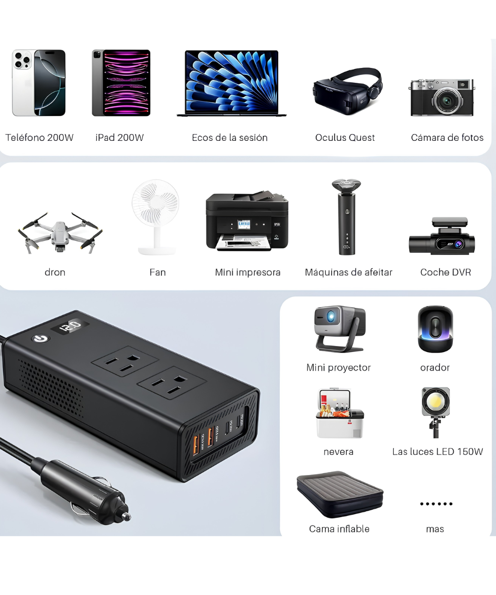 Inversor de corriente para automóvil de 200 W 12 V a 110 V, carga rápida PD 30 W, protección contra sobre carga