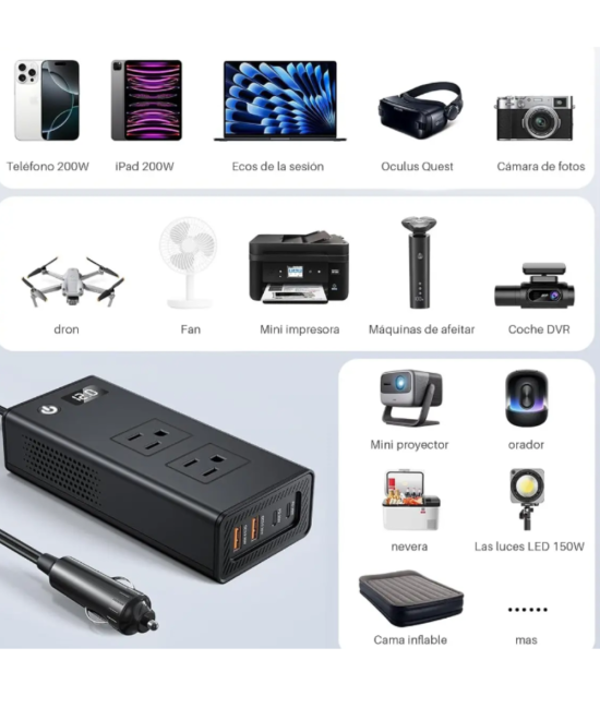 Inversor de corriente para automóvil de 200 W 12 V a 110 V, carga rápida PD 30 W, protección contra sobre carga
