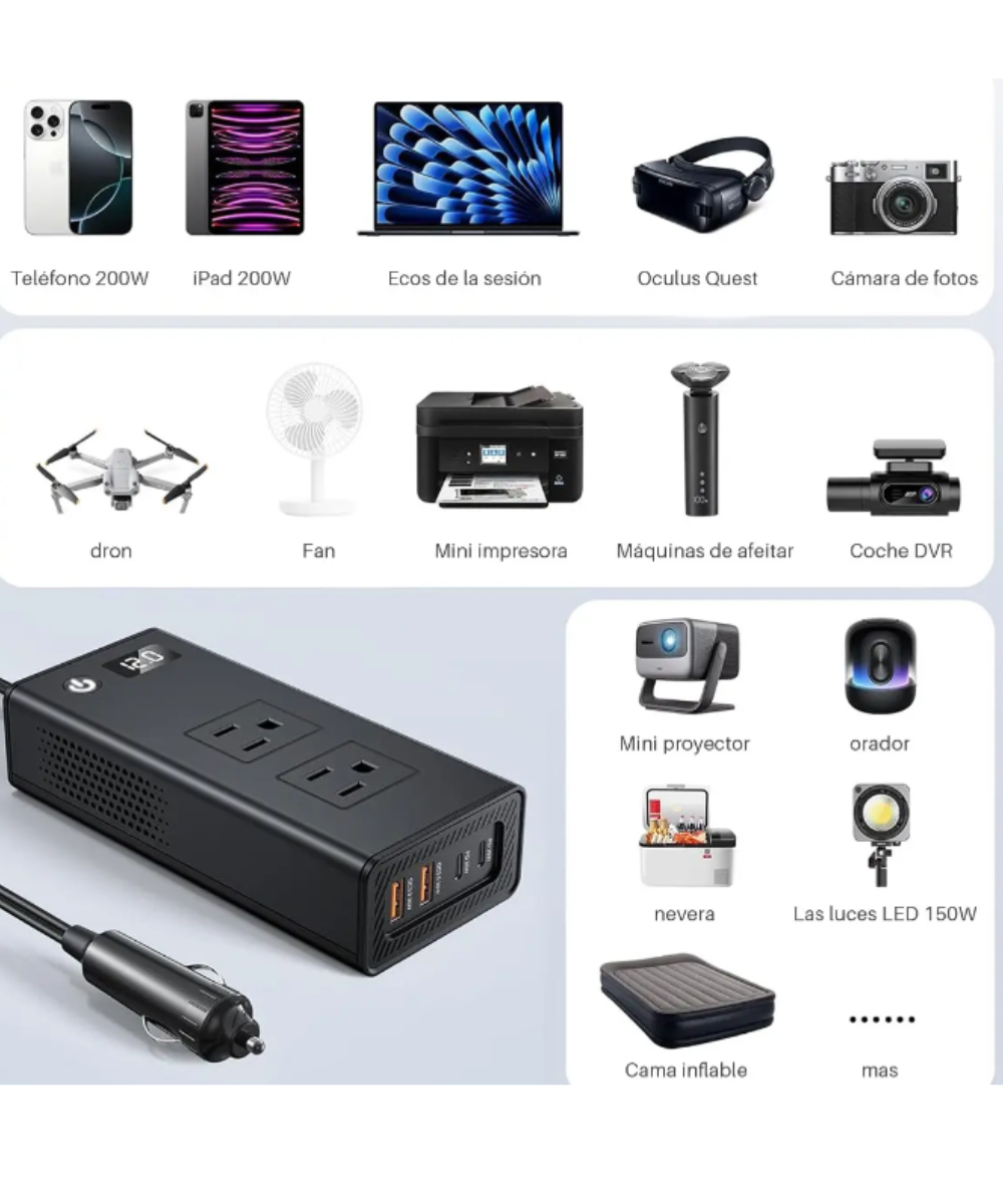Inversor de corriente para automóvil de 200 W 12 V a 110 V, carga rápida PD 30 W, protección contra sobre carga