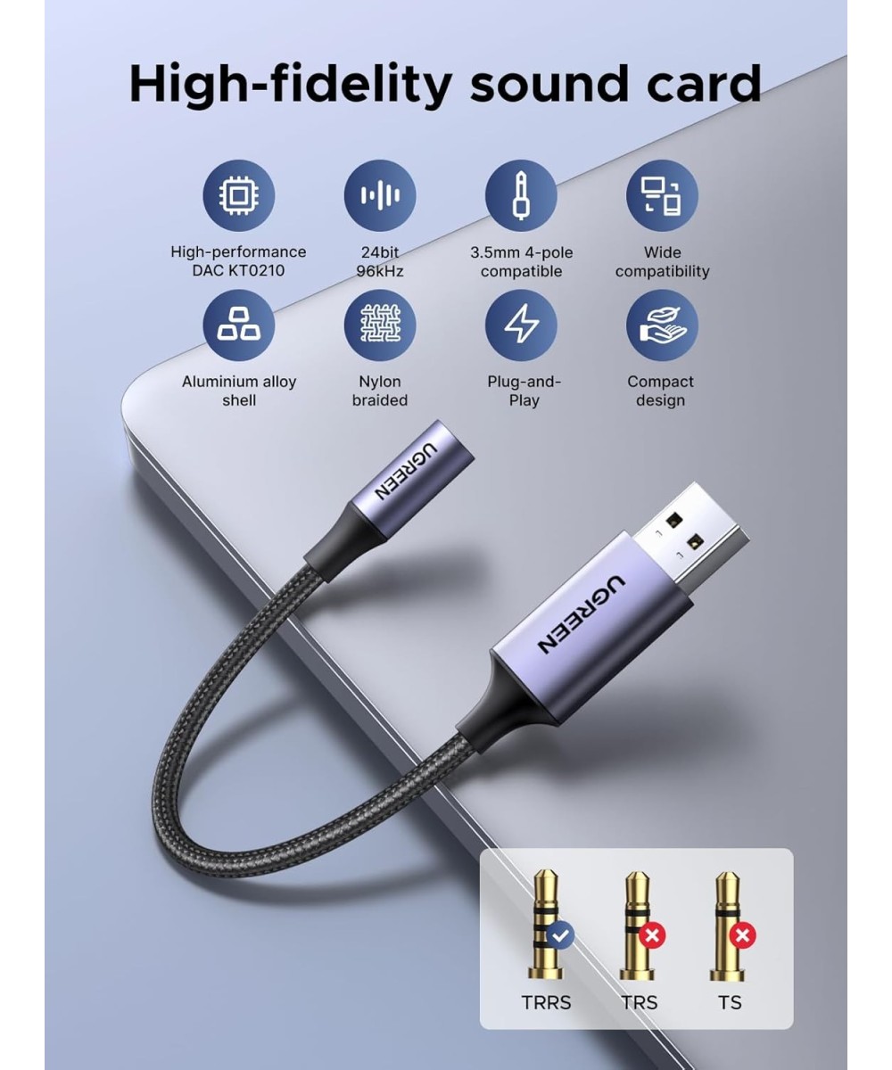 Adaptador de audio USB 2.0 a conector de 3,5mm 2 en 1 UGREEN
