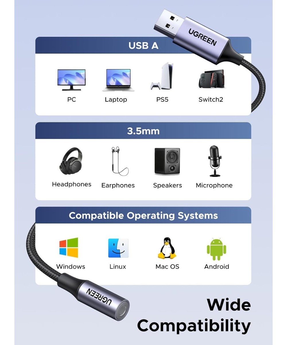 Adaptador de audio USB 2.0 a conector de 3,5mm 2 en 1 UGREEN