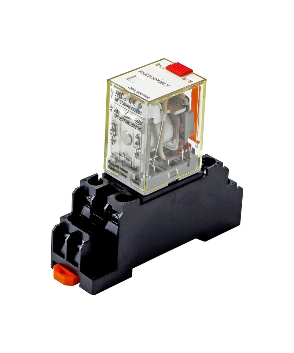 Rele electromagnético 8 pines 12/24 VDC / 110/220 VAC con base para riel DIN