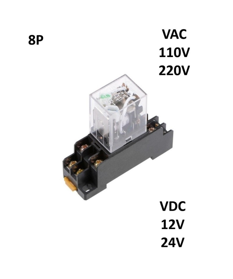 Rele electromagnético 8 pines 12/24 VDC / 110/220 VAC con base para riel DIN