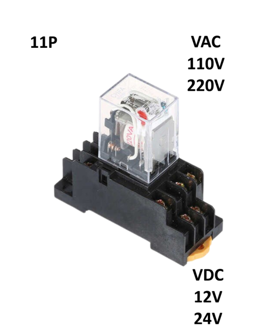 Rele electromagnético 11 pines 12/24 VDC / 110/220 VAC con base para riel DIN