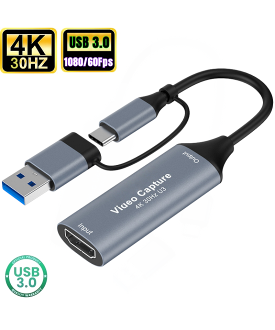 Capturadora de video HDMI 4K USB 3.0 tipo C 2 en 1