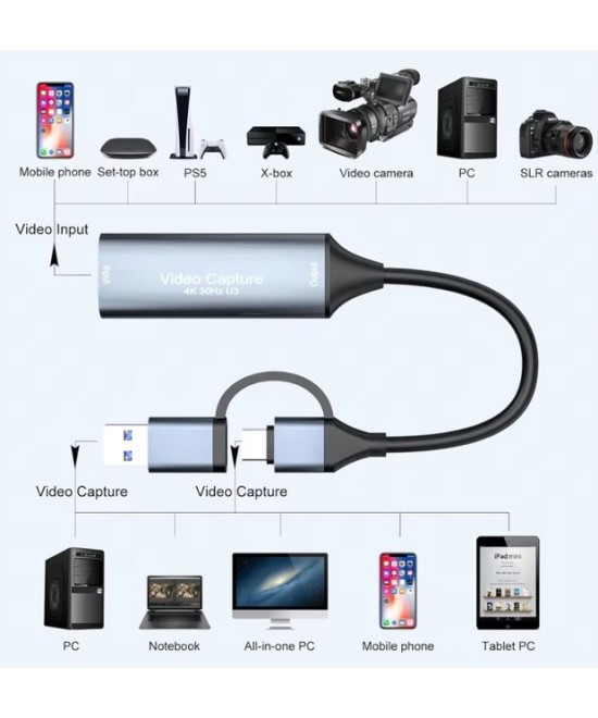 Capturadora de video HDMI 4K USB 3.0 tipo C 2 en 1