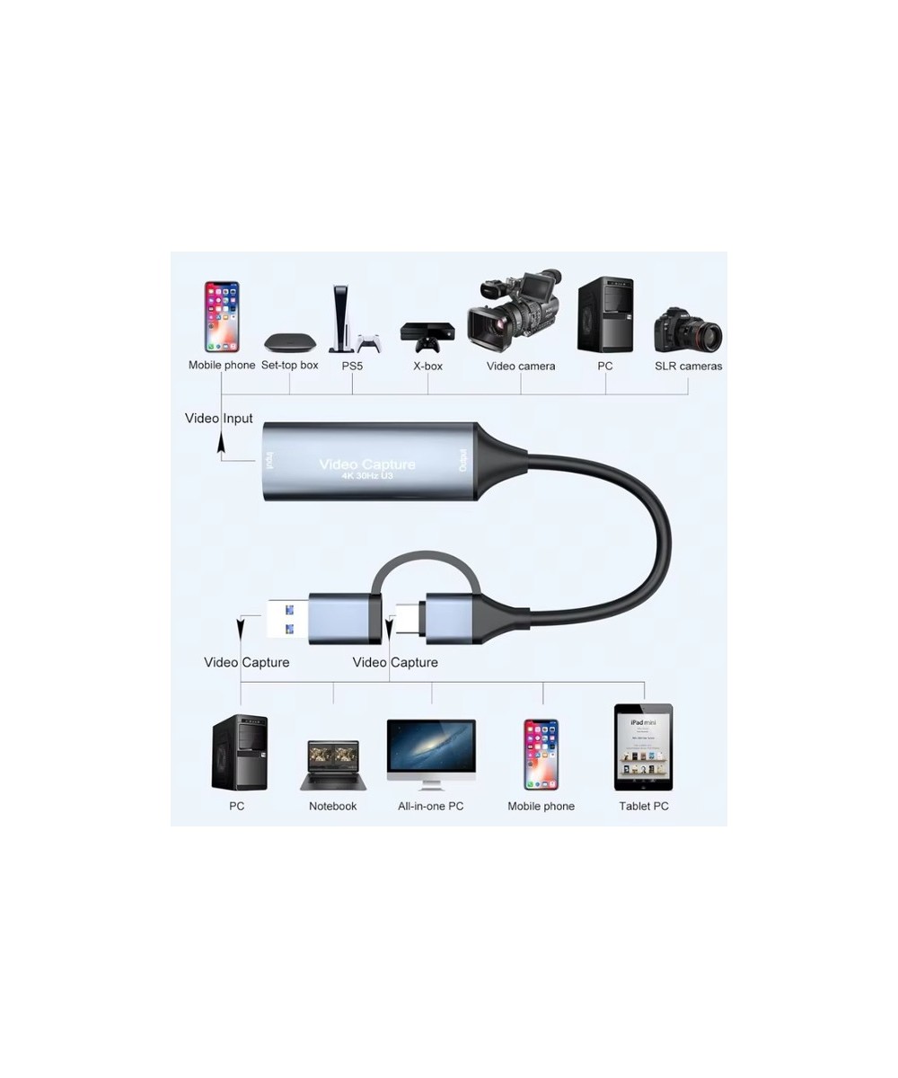Capturadora de video HDMI 4K USB 3.0 tipo C 2 en 1